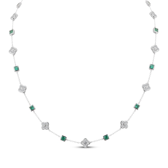 Square-Cut Lab-Created Emerald & White Lab-Created Sapphire Alternating Station Necklace Sterling Silver 18"