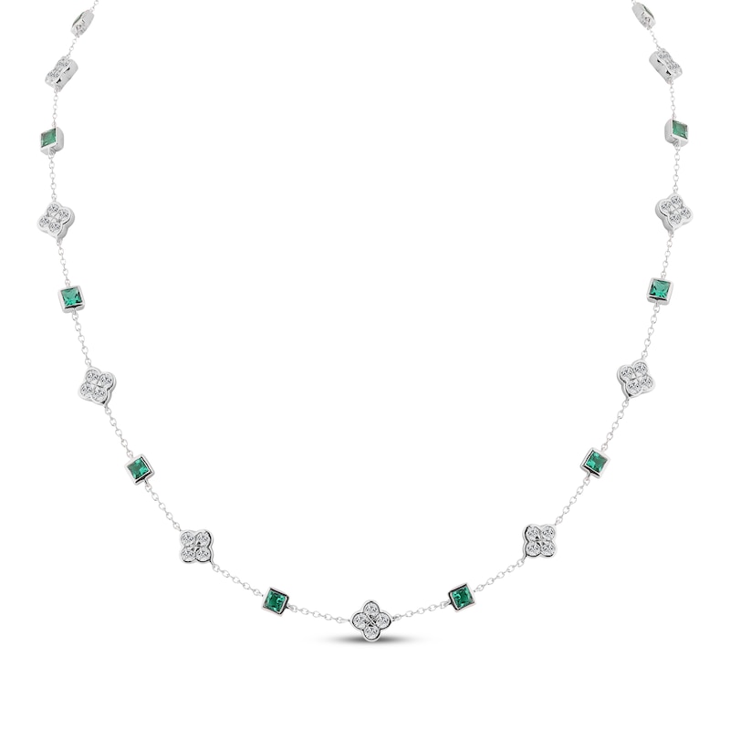 Main Image 1 of Square-Cut Lab-Created Emerald & White Lab-Created Sapphire Alternating Station Necklace Sterling Silver 18"