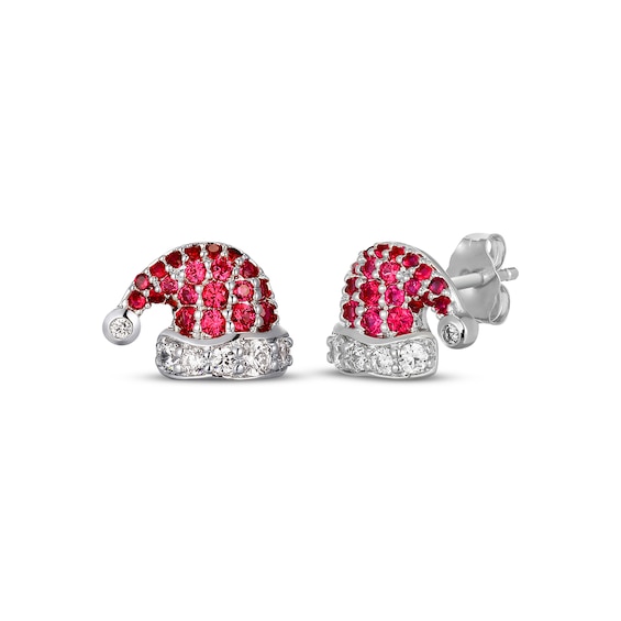 Lab-Created Ruby & White Lab-Created Sapphire Santa Hat Stud Earrings Sterling Silver