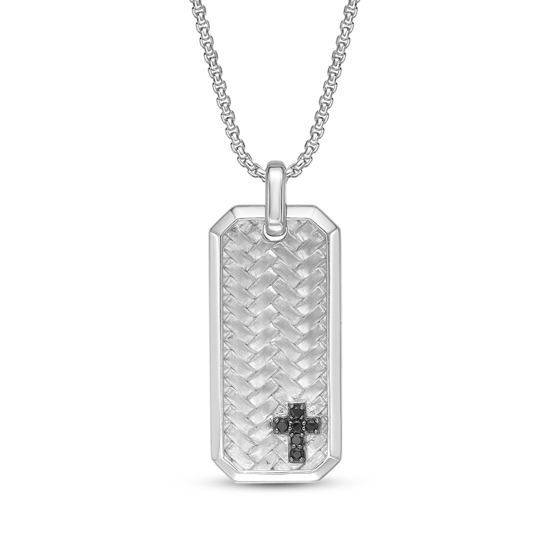 Main Image 1 of Men's Natural Black Spinel Woven Herringbone Pattern Cross Dog Tag Necklace Sterling Silver 24"