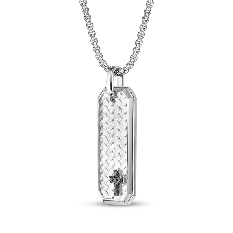 Main Image 2 of Men's Natural Black Spinel Woven Herringbone Pattern Cross Dog Tag Necklace Sterling Silver 24"