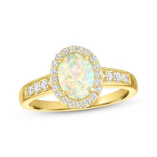 KAY Lab-Grown Diamonds & Oval-Shaped Natural Opal Cabochon Halo Ring 1/3 ct tw 10K Yellow Gold