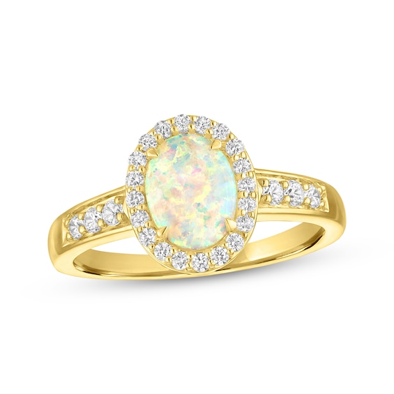 KAY Lab-Grown Diamonds & Oval-Shaped Natural Opal Cabochon Halo Ring 1/3 ct tw 10K Yellow Gold