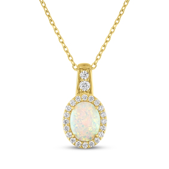 KAY Lab-Grown Diamonds & Oval-Shaped Natural Opal Cabochon Halo Necklace 1/4 ct tw 10K Yellow Gold 18"