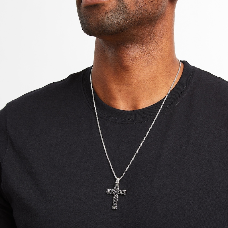Main Image 3 of Men's Chain Link Cross Necklace Black Ion-Plated Stainless Steel 24&quot;