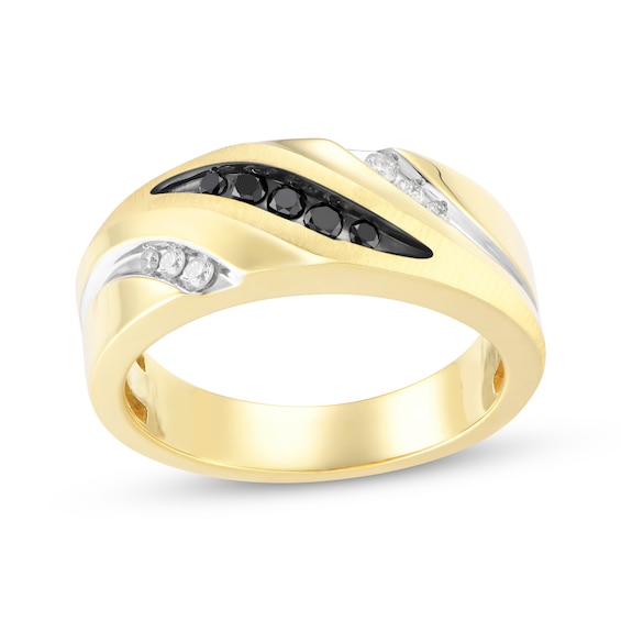 Men's Black & White Diamond Sculpted Wedding Band 1/4 ct tw 10K Yellow Gold