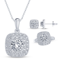 Round-Cut White Lab-Created Sapphire Cushion Frame Gift Set Sterling Silver