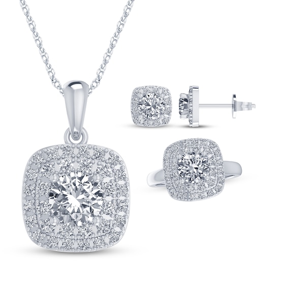 Round-Cut White Lab-Created Sapphire Cushion Frame Gift Set Sterling Silver