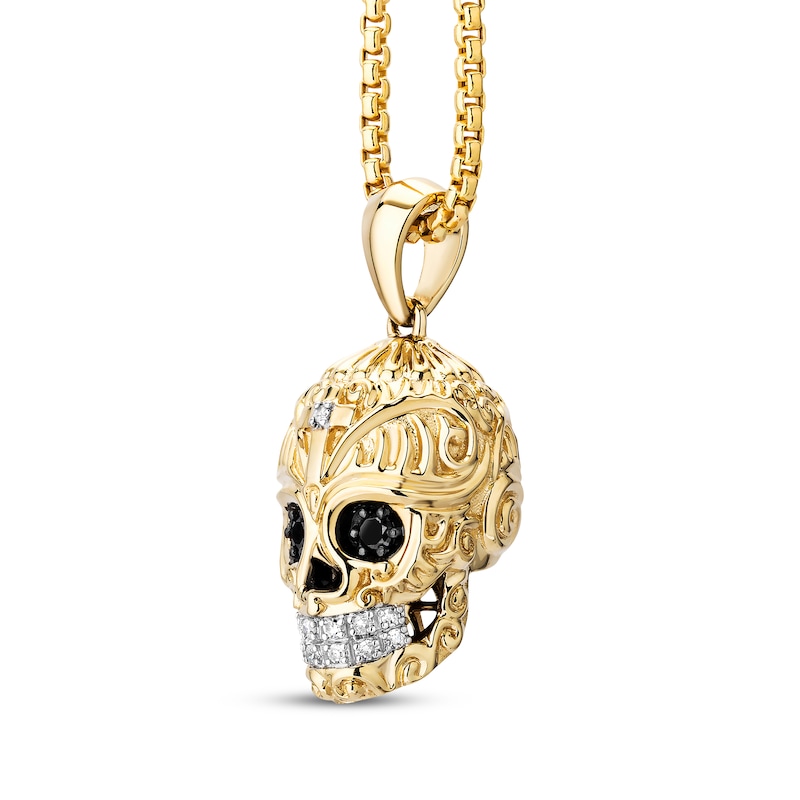 Main Image 2 of Men's Black & White Diamond Skull Necklace 1/8 ct tw 10K Yellow Gold 22&quot;