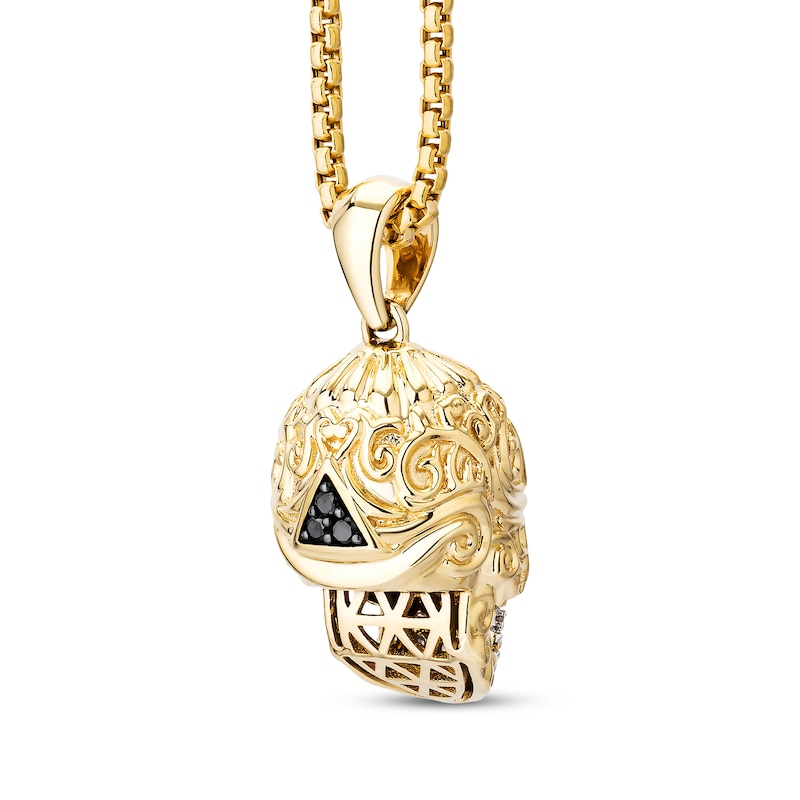 Main Image 3 of Men's Black & White Diamond Skull Necklace 1/8 ct tw 10K Yellow Gold 22&quot;