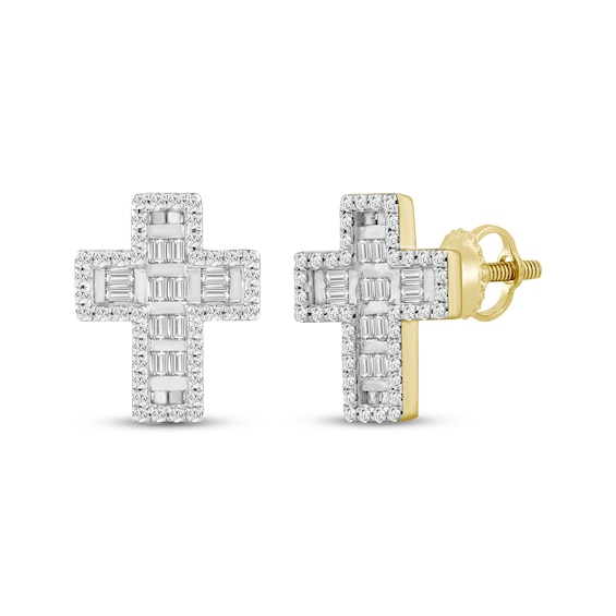Men's Baguette & Round-Cut Diamond Cross Stud Earrings 1/3 ct tw 10K Yellow Gold