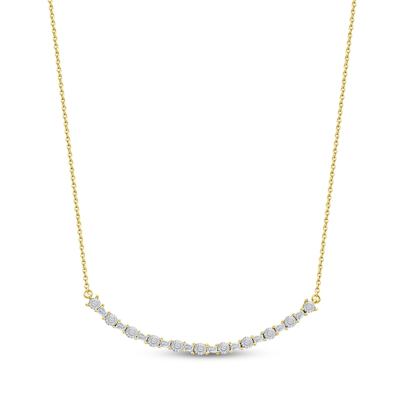 Main Image 1 of Baguette & Round-Cut Diamond Curved Bar Necklace 1/6 ct tw 10K Yellow Gold 18&quot;