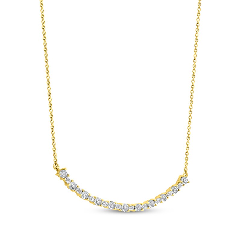 Main Image 2 of Baguette & Round-Cut Diamond Curved Bar Necklace 1/6 ct tw 10K Yellow Gold 18&quot;