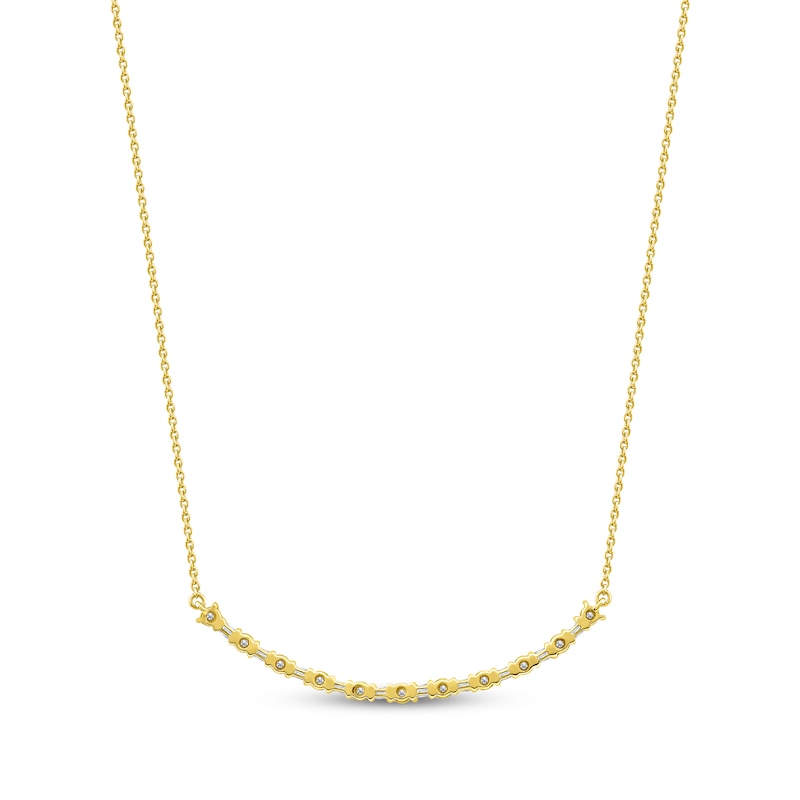 Main Image 3 of Baguette & Round-Cut Diamond Curved Bar Necklace 1/6 ct tw 10K Yellow Gold 18&quot;