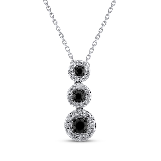 Black & White Diamond Three-Stone Halo Drop Necklace 1/2 ct tw Sterling Silver 18"
