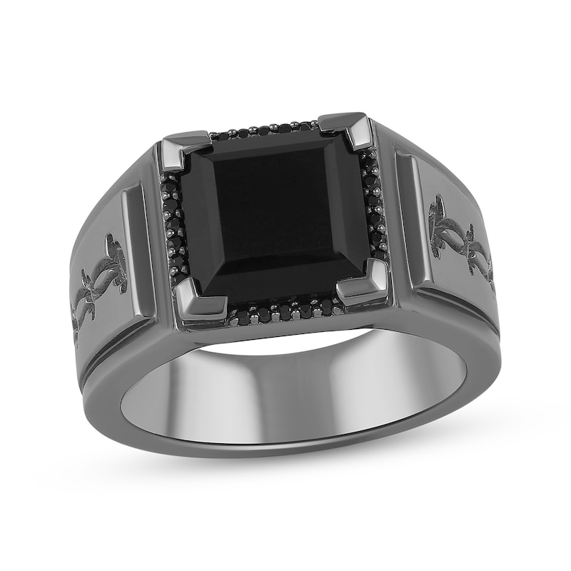 Main Image 1 of Ink & Ice Men's Square-Cut Black Onyx & Black Diamond Barbed Wire Ring 1/10 ct tw Black Rhodium-Plated Sterling Silver