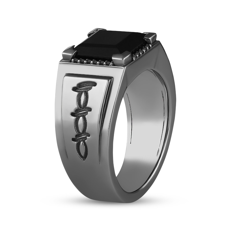 Main Image 2 of Ink & Ice Men's Square-Cut Black Onyx & Black Diamond Barbed Wire Ring 1/10 ct tw Black Rhodium-Plated Sterling Silver