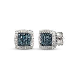 Blue & White Multi-Diamond Cushion-Shaped Stud Earrings 3/8 ct tw Sterling Silver