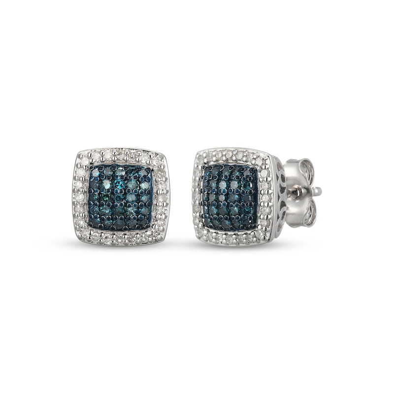 Main Image 1 of Blue & White Multi-Diamond Cushion-Shaped Stud Earrings 3/8 ct tw Sterling Silver