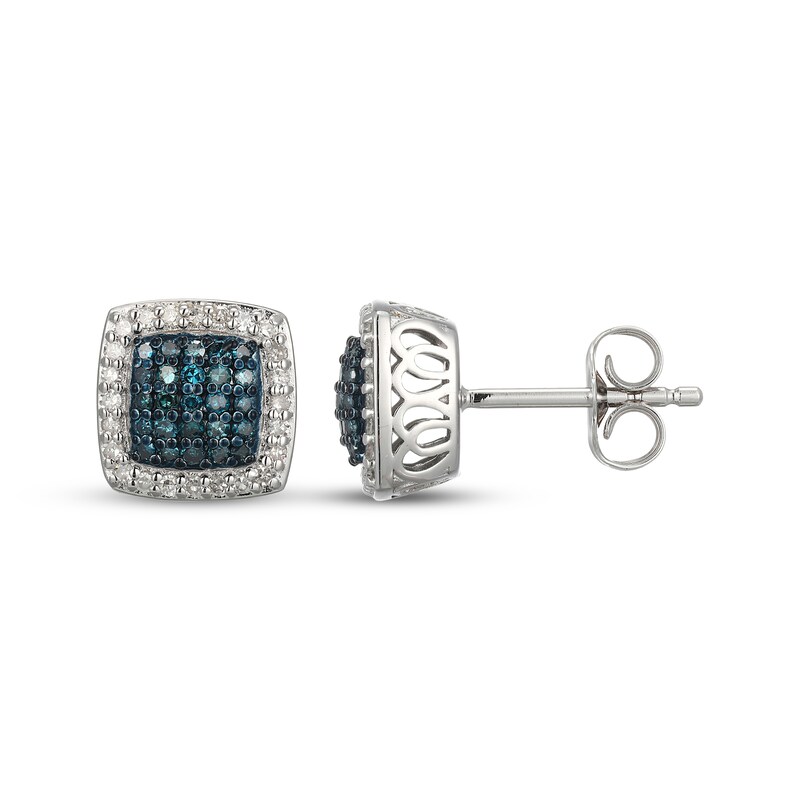 Main Image 3 of Blue & White Multi-Diamond Cushion-Shaped Stud Earrings 3/8 ct tw Sterling Silver