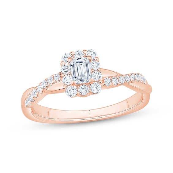 Now + Forever Now + Forever Emerald-Cut Diamond Halo Engagement Ring 1/2 ct tw 14K Rose Gold