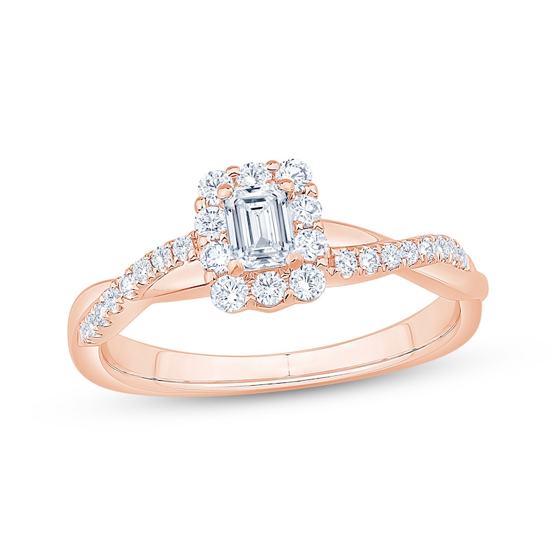 Main Image 1 of Now + Forever Now + Forever Emerald-Cut Diamond Halo Engagement Ring 1/2 ct tw 14K Rose Gold