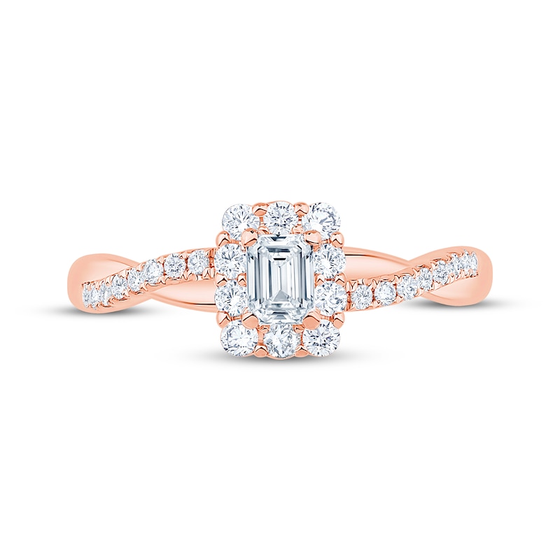 Main Image 3 of Now + Forever Now + Forever Emerald-Cut Diamond Halo Engagement Ring 1/2 ct tw 14K Rose Gold