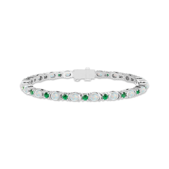 Oval-Cut Lab-Created Opal & Round-Cut Lab-Created Emerald Line Bracelet Sterling Silver 7.25"