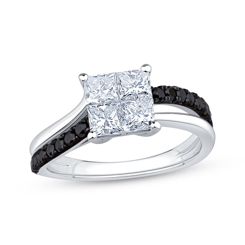 Main Image 1 of Now + Forever Princess-Cut Quad White Diamond & Black Diamond Engagement Ring 1-1/4 ct tw 14K White Gold
