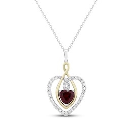 Heart-Shaped Lab-Created Ruby & Diamond Necklace 1/2 ct tw Sterling Silver & 10K Yellow Gold 18"