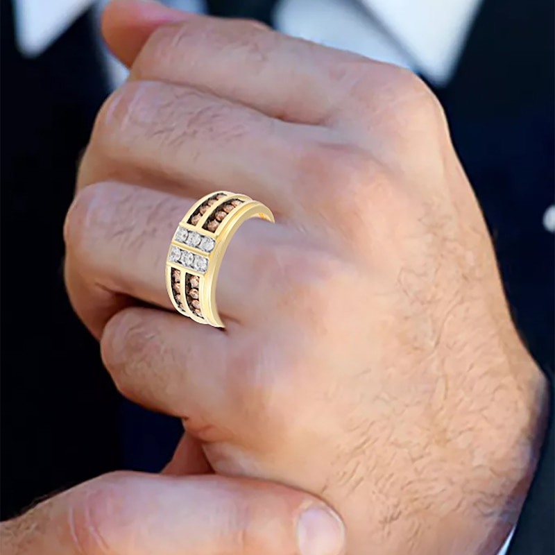 Main Image 2 of Men's Brown & White Diamond Ring 1 ct tw 10K Yellow Gold