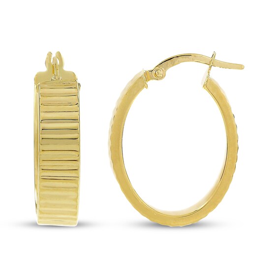 Diamond-Cut Ribbed Oval Hoop Earrings 10K Yellow Gold