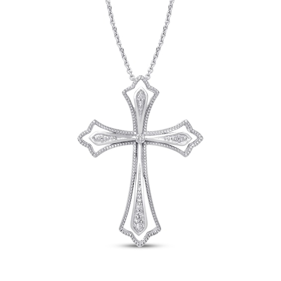 Diamond Accent Milgrain Cross Necklace Sterling Silver 18"