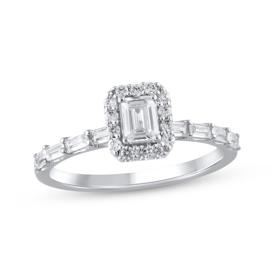Emerald-Cut Lab-Grown Diamond Halo Engagement Ring 3/4 ct tw 10K White Gold