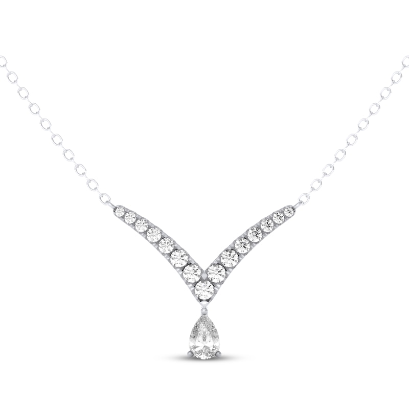 Main Image 1 of THE LEO Legacy Lab-Grown Diamond Pear-Shaped Dangle Chevron Necklace 1 ct tw 14K White Gold 19"