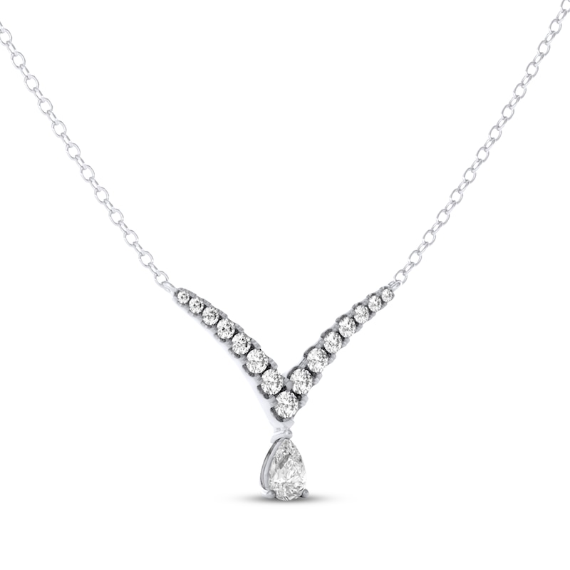 Main Image 2 of THE LEO Legacy Lab-Grown Diamond Pear-Shaped Dangle Chevron Necklace 1 ct tw 14K White Gold 19"