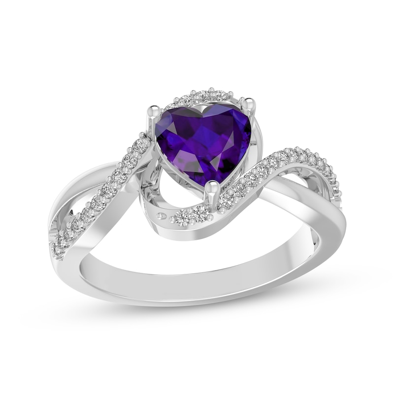 Main Image 1 of Heart-Shaped Amethyst & White Lab-Created Sapphire Twist Crossover Fashion Ring Sterling Silver