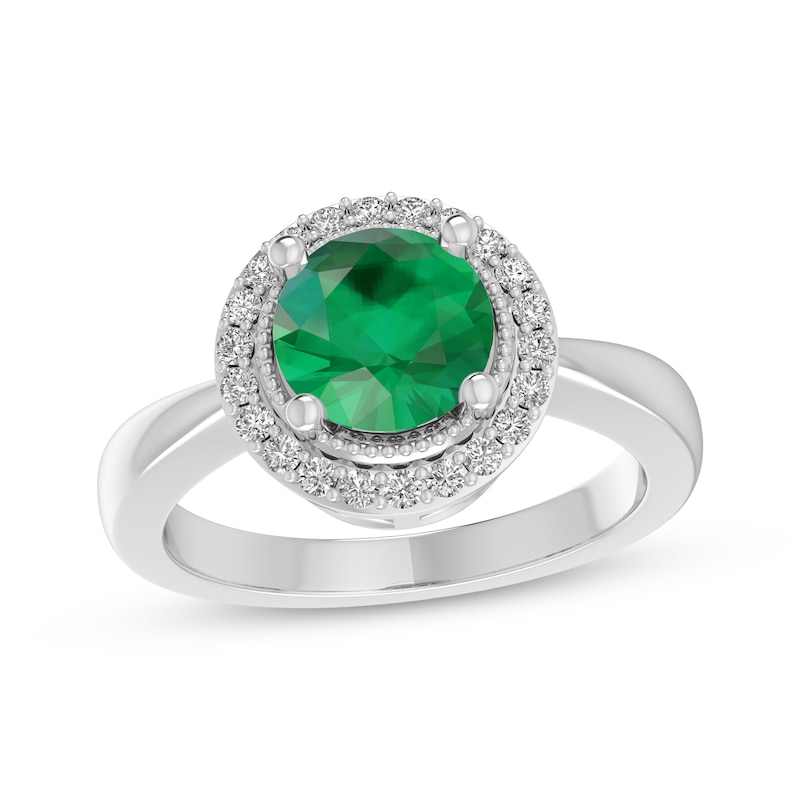 Main Image 1 of Lab-Created Emerald & White Lab-Created Sapphire Halo Fashion Ring Sterling Silver