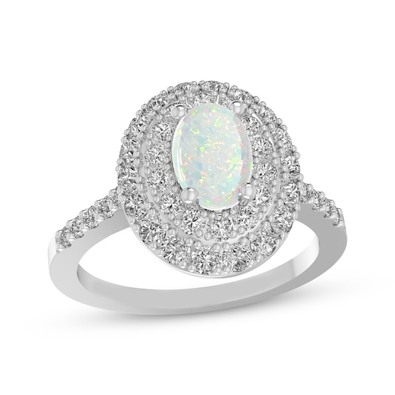 Oval-Cut Lab-Created Opal & White Lab-Created Sapphire Double Halo Fashion Ring Sterling Silver