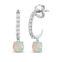 Lab-Created Opal & White Lab-Created Sapphire J-Hoop Drop Earrings Sterling Silver