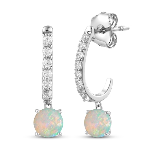 Lab-Created Opal & White Lab-Created Sapphire J-Hoop Drop Earrings Sterling Silver