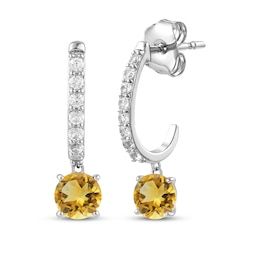 Natural Citrine & White Lab-Created Sapphire J-Hoop Drop Earrings Sterling Silver