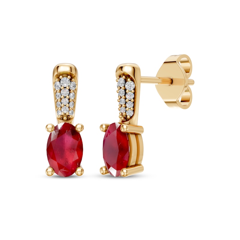 Main Image 1 of KAY Lab-Grown Diamonds & Oval-Cut Lab-Created Ruby Drop Earrings 1/10 ct tw 10K Yellow Gold
