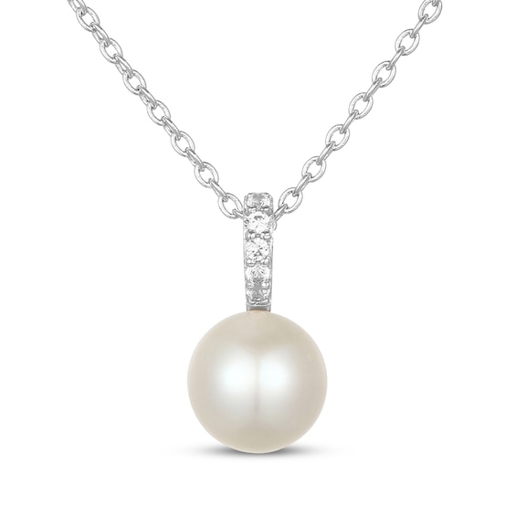 Cultured Pearl & White Lab-Created Sapphire Necklace Sterling Silver 18"