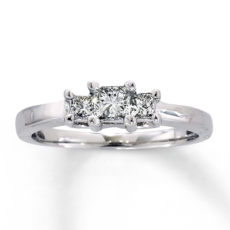 Main Image 1 of Previously Owned 3-Stone Engagement Ring 1/2 ct tw Princess-cut Diamonds 14K White Gold