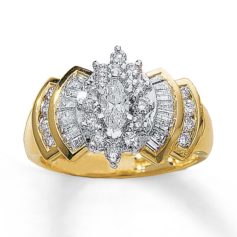 Main Image 1 of Previously Owned Engagement Ring 1 ct tw Marquise, Round & Baguette-cut Diamonds 14K Yellow Gold