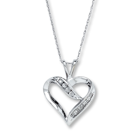 Previously Owned Diamond Heart Necklace 1/4 ct tw Round & Baguette-cut 10K White Gold