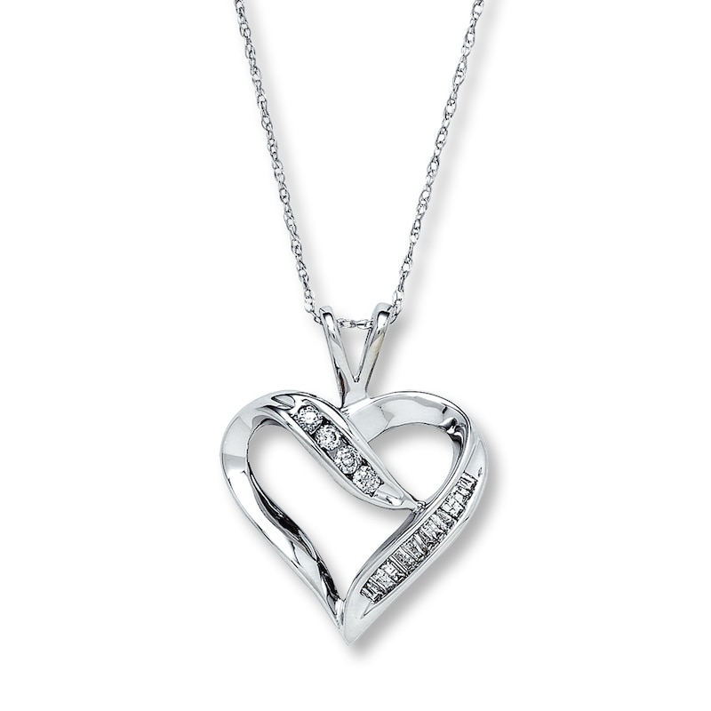 Main Image 1 of Previously Owned Diamond Heart Necklace 1/4 ct tw Round & Baguette-cut 10K White Gold