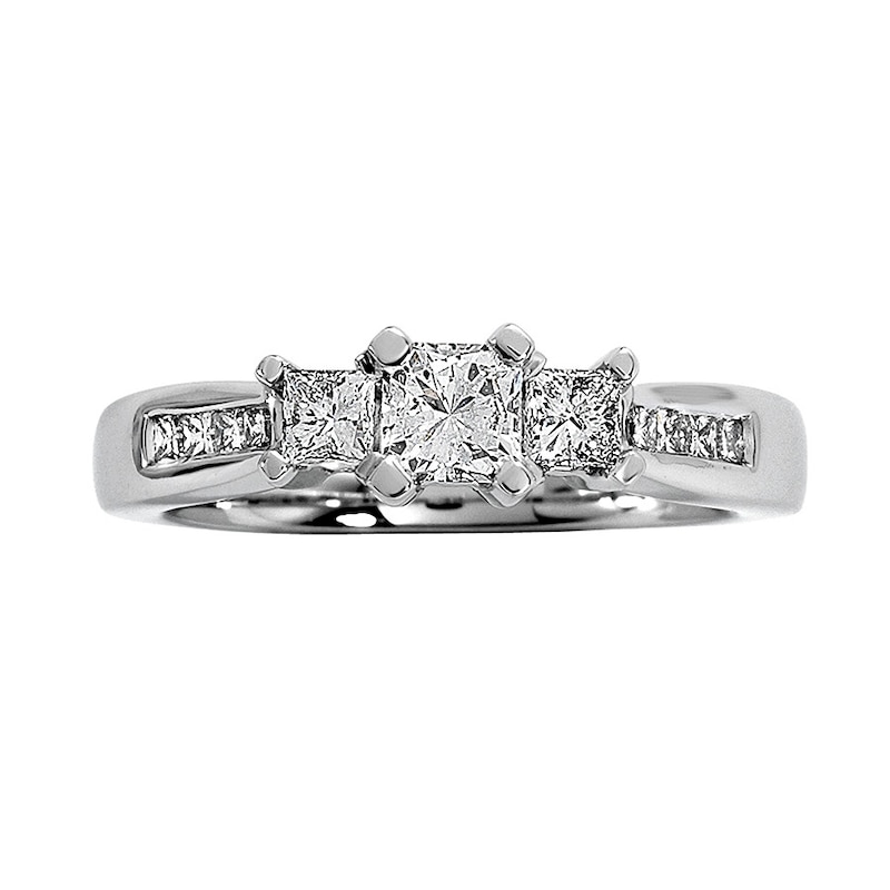 Main Image 1 of Previously Owned 3-Stone Diamond Enagement Ring 3/4 ct tw Princess-cut 14K White Gold