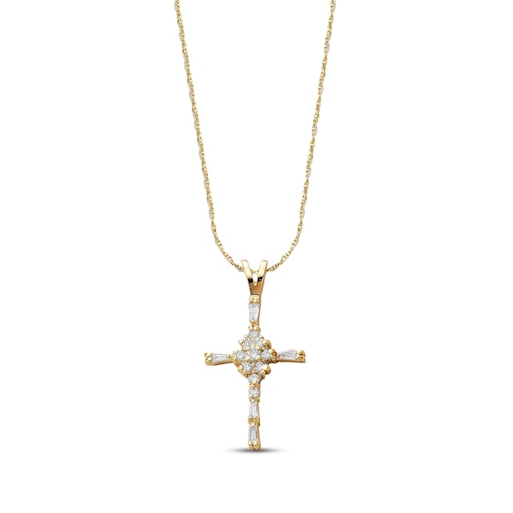 Previously Owned Diamond Cross Necklace 1/4 ct tw Round & Baguette 14K Yellow Gold